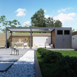 Pergola bioclimatique autoportante motorisée en alu anthracite - lames blanches - 3x6m + abri 6m² - ELMO - Ombrea	