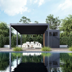 Pergola bioclimatique autoportante motorisée en alu anthracite 4x6m + abri 6m² - ELMO - Ombrea