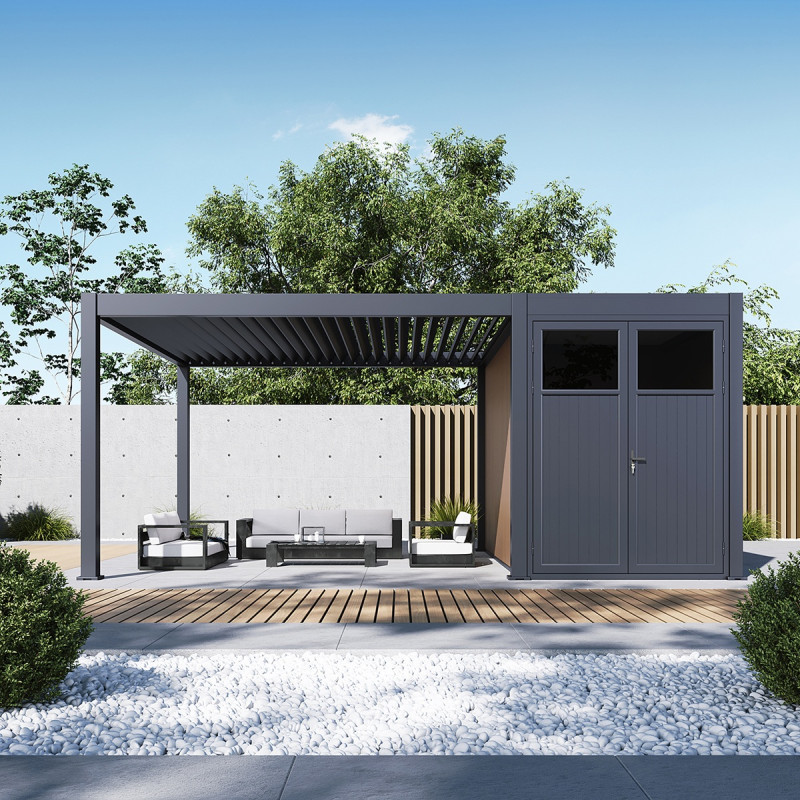 Pergola bioclimatique autoportante motorisée en alu anthracite 4x4m + abri 8m² - ELMO - Ombrea