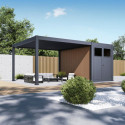 Pergola bioclimatique autoportante motorisée en alu anthracite 4x4m + abri 8m² - ELMO - Ombrea