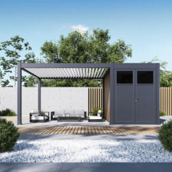 Pergola bioclimatique autoportante motorisée en alu anthracite - lames blanches - 4x4m + abri 8m² - ELMO - Ombrea