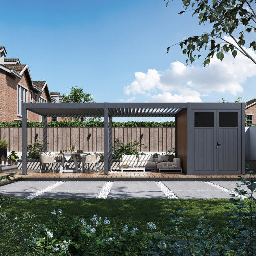 Pergola bioclimatique autoportante motorisée en alu anthracite 4x6m + abri 8m² - ELMO - Ombrea