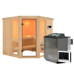 Sauna traditionnel d'angle - sans couronne - poêle Easy Bio ctrl externe - Amelia 2 - KARIBU