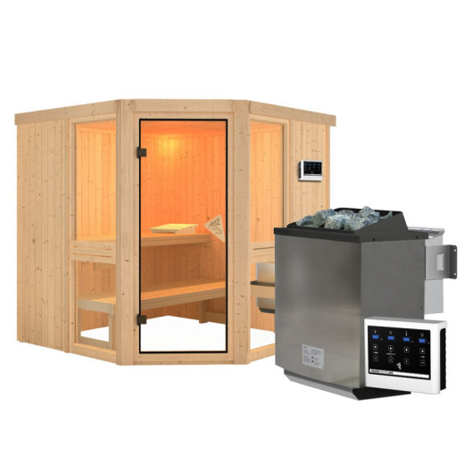 Sauna traditionnel d'angle - sans couronne - poêle Easy Bio ctrl externe - Amelia 2 - KARIBU