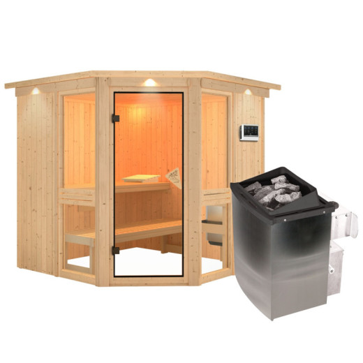 Sauna traditionnel d'angle avec couronne - poêle avec ctrl intégré - Amelia 2 - KARIBU