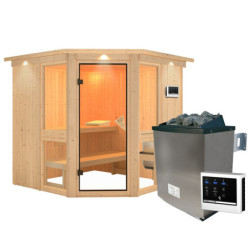 Sauna traditionnel d'angle avec couronne - poêle avec ctrl externe - Amelia 2 - KARIBU