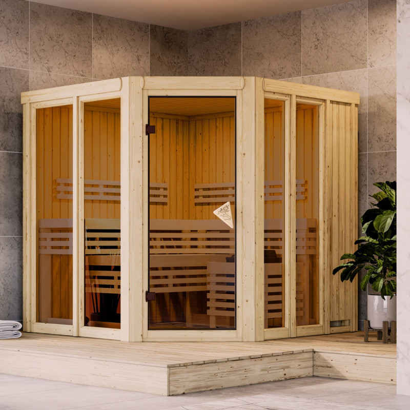 Sauna traditionnel d'angle 4 à 5 places - parois 68mm - sans couronne - porte moderne - Airi - KARIBU