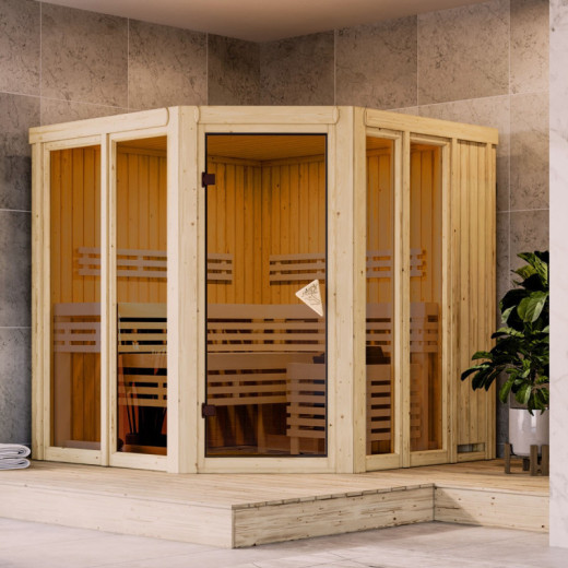 Sauna traditionnel d'angle 4 à 5 places - parois 68mm - sans couronne - porte moderne - Airi - KARIBU