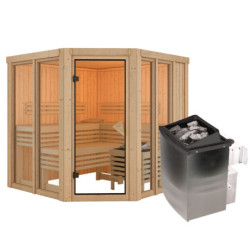 Sauna traditionnel d'angle 4 à 5 places - sans couronne - porte moderne - poêle avec ctrl intégré - Airi - KARIBU