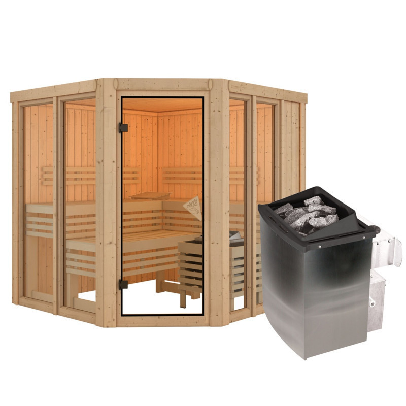 Sauna traditionnel d'angle 4 à 5 places - sans couronne - porte moderne - poêle avec ctrl intégré - Airi - KARIBU
