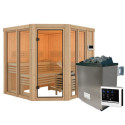 Sauna traditionnel d'angle 4 à 5 places - sans couronne - porte moderne - poêle avec ctrl externe - Airi - KARIBU	