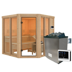 Sauna traditionnel d'angle 4 à 5 places - sans couronne - porte moderne - poêle avec ctrl externe - Airi - KARIBU	