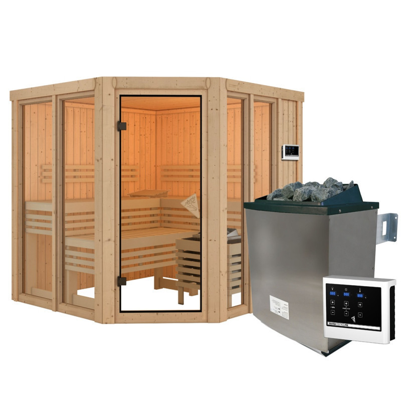 Sauna traditionnel d'angle 4 à 5 places - sans couronne - porte moderne - poêle avec ctrl externe - Airi - KARIBU	