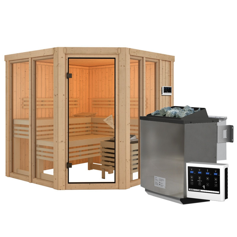 Sauna traditionnel d'angle 4 à 5 places - sans couronne - porte moderne - poêle Easy Bio ctrl externe - Airi - KARIBU