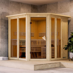 Sauna traditionnel d'angle 4 à 5 places - parois 68mm - avec couronne - porte moderne - Airi - KARIBU