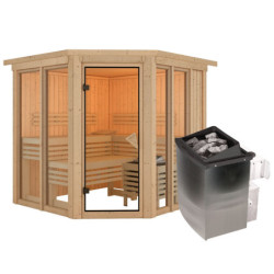 Sauna traditionnel d'angle 4 à 5 places - avec couronne - porte moderne - poêle avec ctrl intégré - Airi - KARIBU