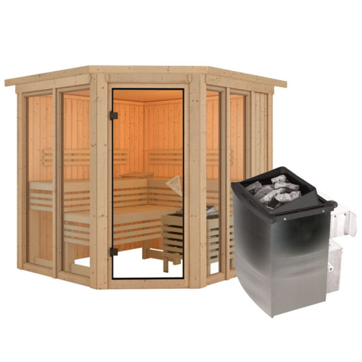 Sauna traditionnel d'angle 4 à 5 places - avec couronne - porte moderne - poêle avec ctrl intégré - Airi - KARIBU