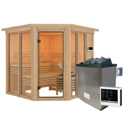 Sauna traditionnel d'angle 4 à 5 places - avec couronne - porte moderne - poêle avec ctrl externe - Airi - KARIBU