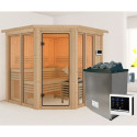 Sauna traditionnel d'angle 4 à 5 places - avec couronne - porte moderne - poêle avec ctrl externe - Airi - KARIBU