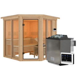 Sauna traditionnel d'angle 4 à 5 places - avec couronne - porte moderne - poêle Easy Bio ctrl externe - Airi - KARIBU	