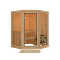 Sauna traditionnel d'angle 2 à 3 places - parois 38mm - sans couronne - porte en verre clair - Yuma - KARIBU