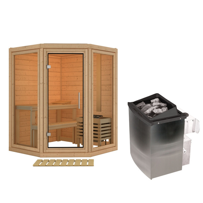 Sauna traditionnel d'angle 2 à 3 places - 38mm - sans couronne - poêle ctrl intégré - porte en verre clair - Yuma - KARIBU