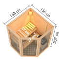 Sauna traditionnel d'angle 2 à 3 places - 38mm - sans couronne - poêle ctrl intégré - porte en verre clair - Yuma - KARIBU