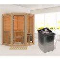 Sauna traditionnel d'angle 2 à 3 places - 38mm - sans couronne - poêle ctrl intégré - porte en verre clair - Yuma - KARIBU