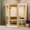 Sauna traditionnel d'angle 2 à 3 places - 38mm - sans couronne - poêle ctrl intégré - porte en verre clair - Yuma - KARIBU