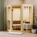 Sauna traditionnel d'angle 2 à 3 places - 38mm - sans couronne - poêle ctrl externe - porte en verre clair - Yuma - KARIBU