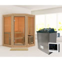 Sauna traditionnel d'angle 2 à 3 places - 38mm - sans couronne - poêle ctrl externe - porte en verre clair - Yuma - KARIBU