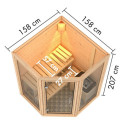 Sauna d'angle 2 à 3 places - 38mm - sans couronne - poêle Easy Bio ctrl externe - porte en verre clair - Yuma - KARIBU