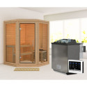 Sauna d'angle 2 à 3 places - 38mm - sans couronne - poêle Easy Bio ctrl externe - porte en verre clair - Yuma - KARIBU