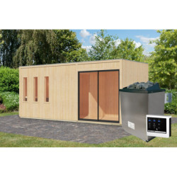 Sauna d'extérieur 4 à 6 places - parois 73mm - bois brut - poêle ctrl externe - Monterey - KARIBU