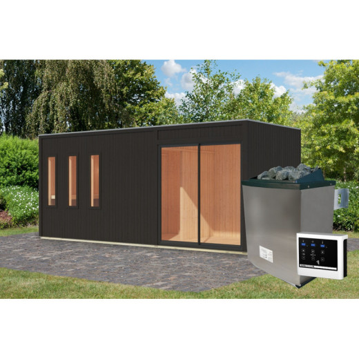 Sauna d'extérieur 4 à 6 places - parois 73mm - bois noir - poêle ctrl externe - Monterey - KARIBU