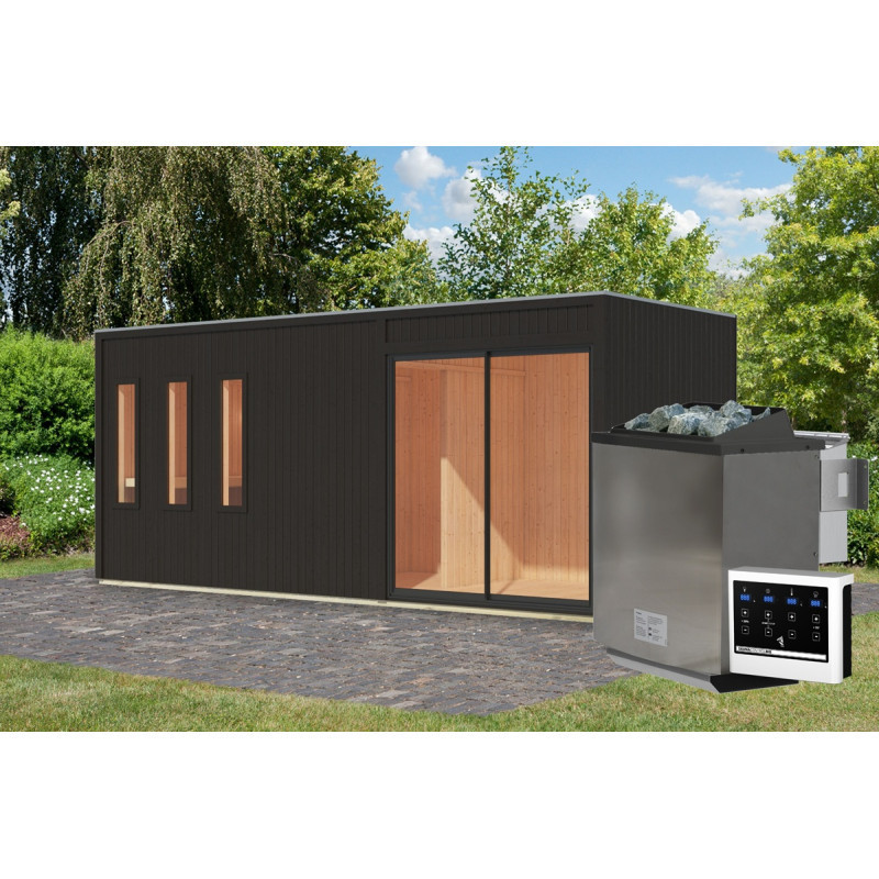 Sauna d'extérieur 4 à 6 places - parois 73mm - bois noir - poêle Easy Bio ctrl externe - Monterey - KARIBU