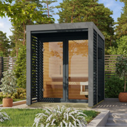 Sauna d'extérieur en bois anthracite 2 à 4 places - parois 38mm - avec terrasse - sans poêle - Ares 1 - KARIBU