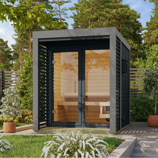 Sauna d'extérieur en bois anthracite 2 à 4 places - parois 38mm - avec terrasse - sans poêle - Ares 1 - KARIBU