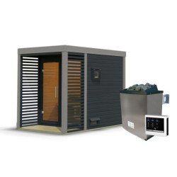 Sauna d'extérieur en bois anthracite 2 à 4 places - parois 38mm - avec terrasse - poêle ctrl externe - Ares 1 - KARIBU