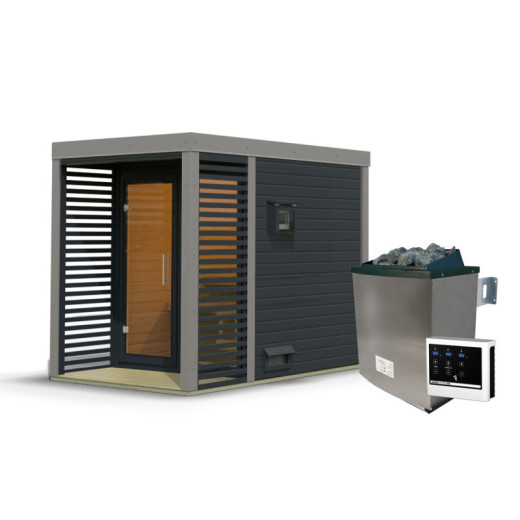 Sauna d'extérieur en bois anthracite 2 à 4 places - parois 38mm - avec terrasse - poêle ctrl externe - Ares 1 - KARIBU