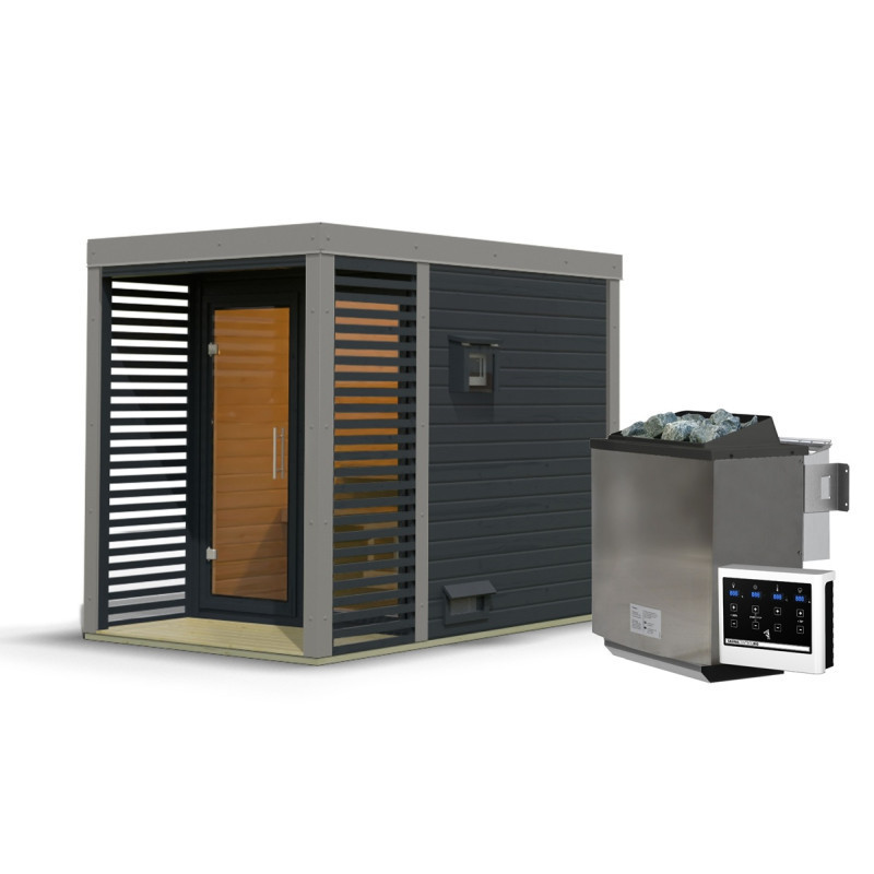 Sauna d'extérieur en bois anthracite 2 à 4 places - parois 38mm - avec terrasse - poêle Easy Bio ctrl externe - Ares 1 - KARIBU	