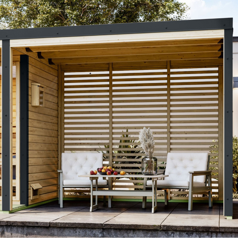 Appentis en bois brut et acier anthracite pour sauna d'extérieur Ares - Karibu