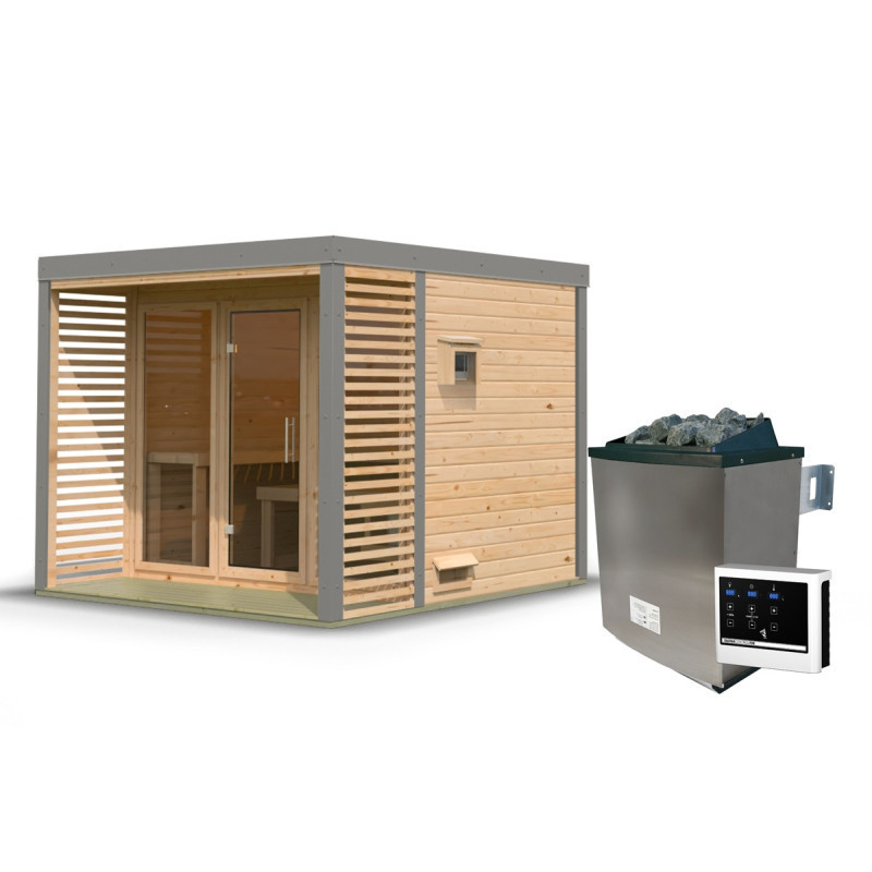 Sauna d'extérieur 6 à 8 places - parois 38mm - avec terrasse - poêle ctrl externe - Ares 3 - KARIBU