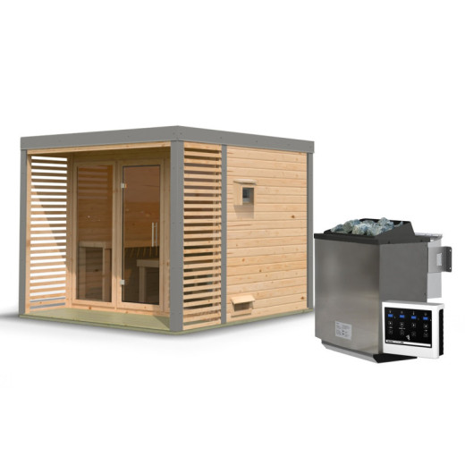Sauna d'extérieur 6 à 8 places - parois 38mm - avec terrasse - poêle Easy Bio ctrl externe - Ares 3 - KARIBU
