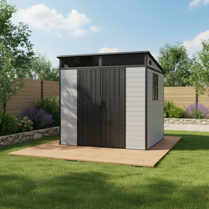 Abri de jardin en résine brossée DICKINS Skylight 4m² gris et noir + plancher - JOBU