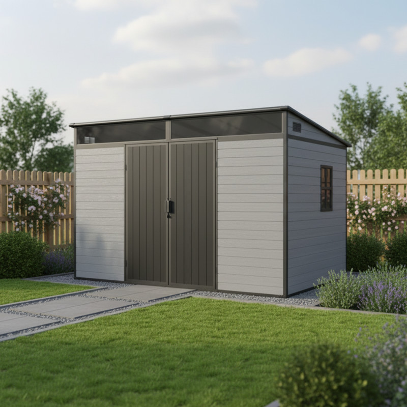 Abri de jardin en résine brossée DICKINS Skylight 6,05m² gris et noir + plancher - JOBU