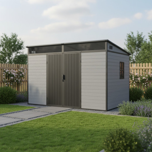 Abri de jardin en résine brossée DICKINS Skylight 6,05m² gris et noir + plancher - JOBU