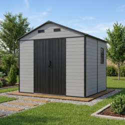 Abri de jardin en résine brossée DICKINS 5,69m² gris et noir + plancher - JOBU
