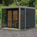 Sauna d'extérieur en bois anthracite 6 à 8 places - parois 38mm - avec terrasse - sans poêle - Ares 3 - KARIBU