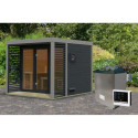 Sauna d'extérieur en bois anthracite 6 à 8 places - parois 38mm - avec terrasse - poêle ctrl externe - Ares 3 - KARIBU	